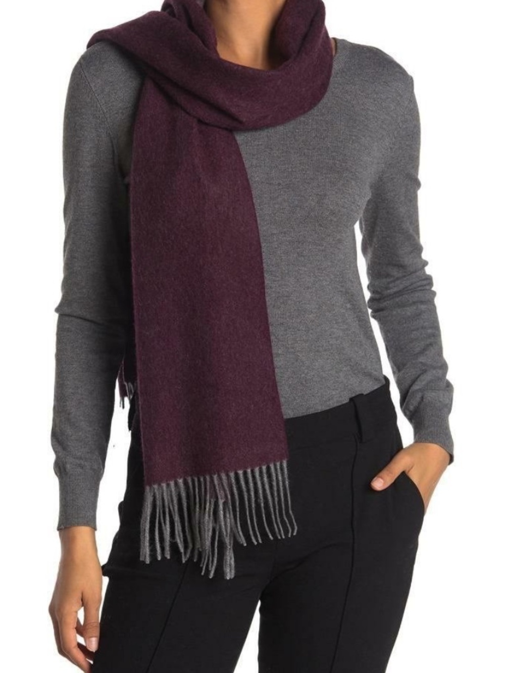 $198 - Qi Unisex Cashmere Burgundy/Grey Double Faced Fringe Scarf 70" L x 14" W